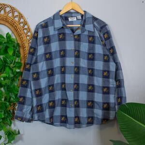 Blue Check Autumn Leaves Embroidered Shirt XL Cotton Button Down | Soft Summer